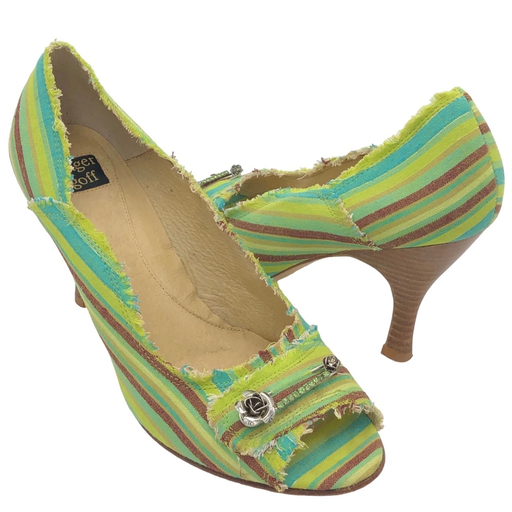 Ginger Goff Green Striped Fabric Heels Size 7